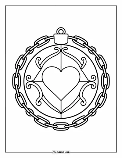 Coloriage de boules de Noël pour enfants : Une boule avec un cœur et des courbes suspendue à une chaîne circulaire