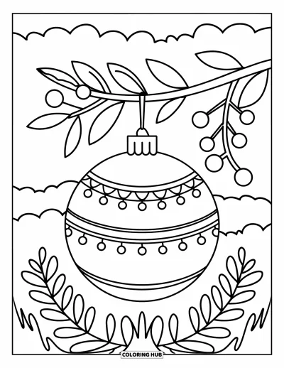 Coloriage de boules de Noël pour enfants : Une boule avec des cloches près de feuilles, de baies et de nuages dans le ciel