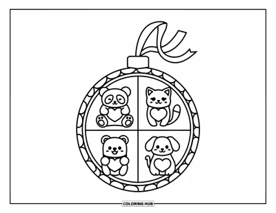 Coloriage de boules de Noël pour enfants : Une boule avec un panda, un chat, un ours et un chien dans quatre sections en forme de cœur
