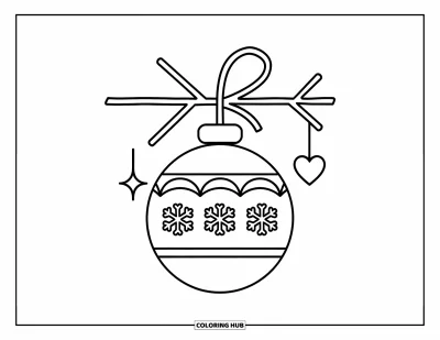 Coloriage de boules de Noël pour enfants : Une boule avec des flocons, un cœur et une étoile suspendue à une branche