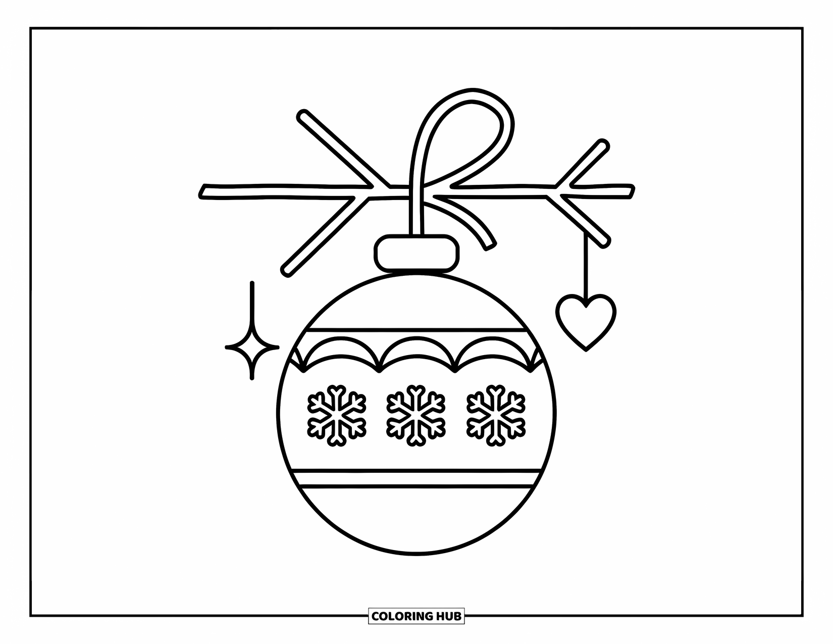 Ornament Coloring Page for Kids: Ornament with snowflakes, heart, and star hangs from a branch