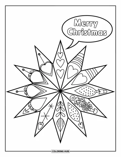 Coloriage de boules de Noël pour enfants : Une étoile ornementale à motifs avec une bulle « Merry Christmas »