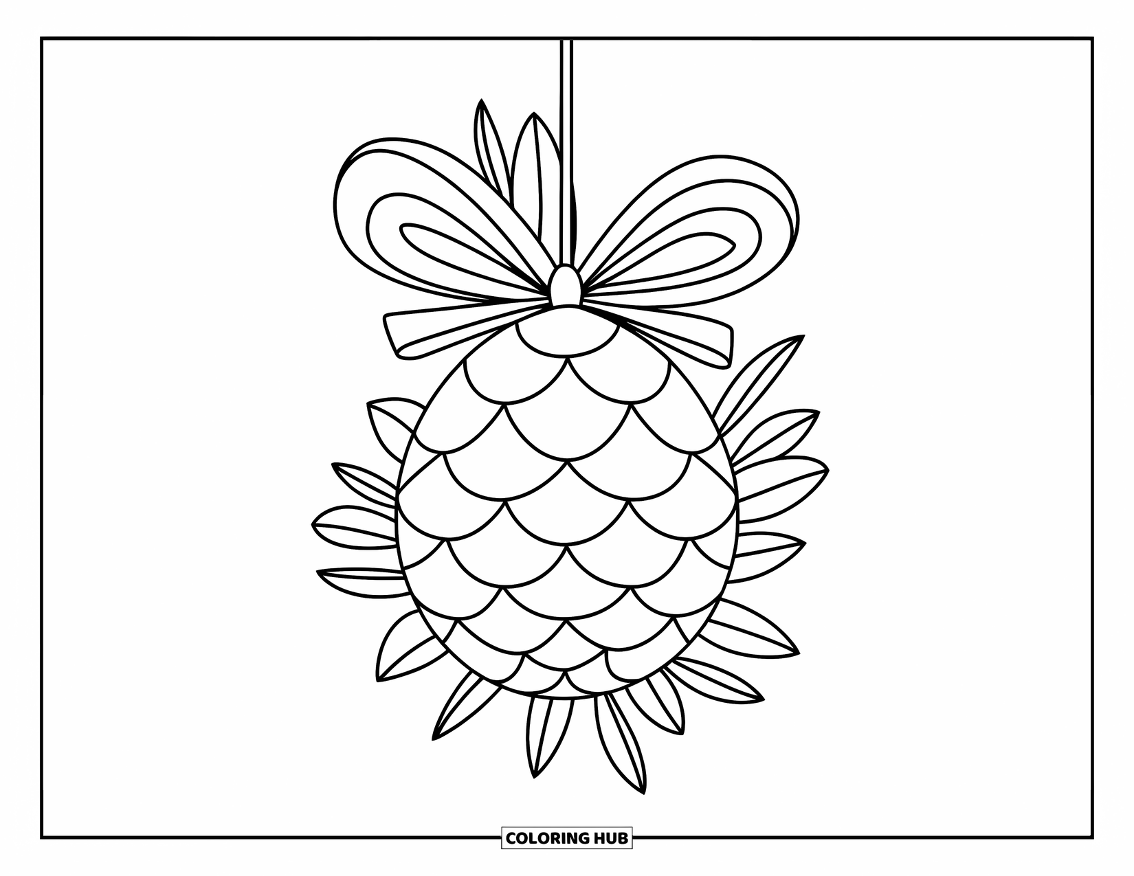 Ornament Coloring Page for Kids: Pinecone ornament with ribbon sits among leafy decorations