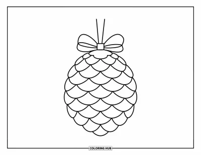 Coloriage de boules de Noël pour enfants : Une boule en pomme de pin avec un ruban en haut suspendue à une branche festive