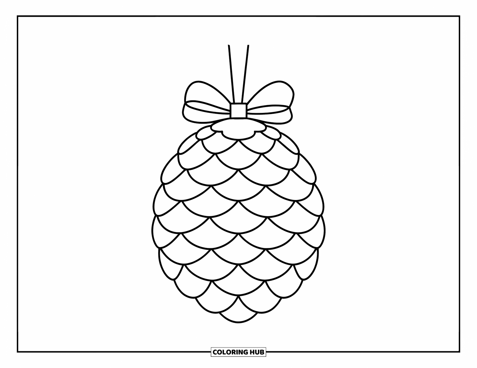Ornament Coloring Page for Kids: Pinecone ornament with ribbon top hangs from a festive branch