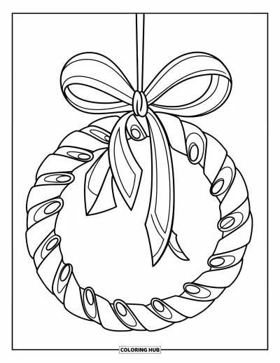 Coloriage de boules de Noël pour enfants : Un ruban en cercle avec de petites boucles suspendu à une branche