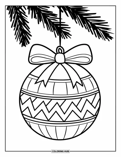 Coloriage de boules de Noël pour enfants : Une boule ronde avec un grand nœud et une rayure en zigzag suspendue à une branche