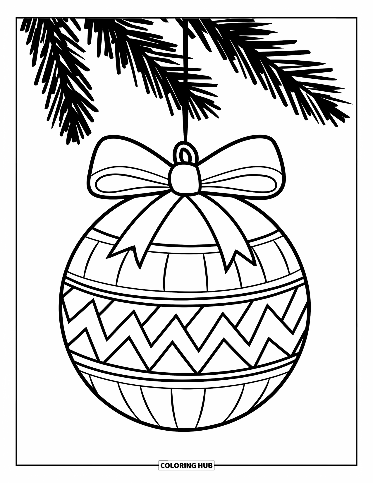 Ornament Coloring Page for Kids: Round ornament with a big bow and zigzag stripe hangs from a branch