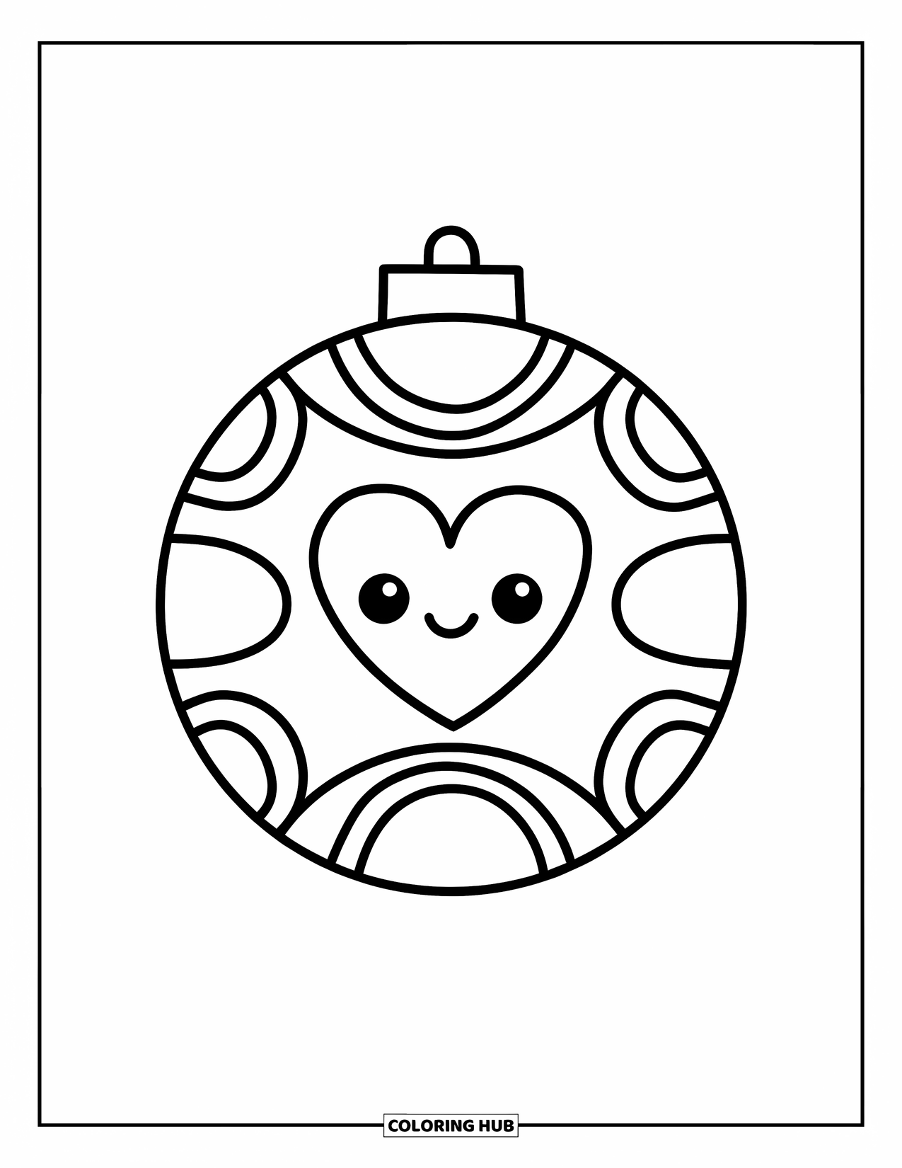 Ornament Coloring Page for Kids: Round ornament with a heart and curved lines sits on a clean background