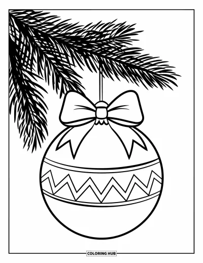 Coloriage de boules de Noël pour enfants : Une boule ronde avec un grand nœud et une rayure en zigzag sur une branche de Noël