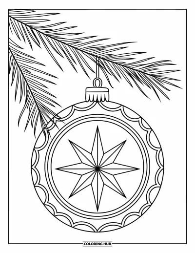 Coloriage de boules de Noël pour enfants : Une boule ronde festonnée avec un cœur en étoile central suspendue à une branche