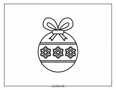 Coloriage de boules de Noël pour enfants : Une boule ronde avec trois flocons de neige et un ruban sur fond blanc