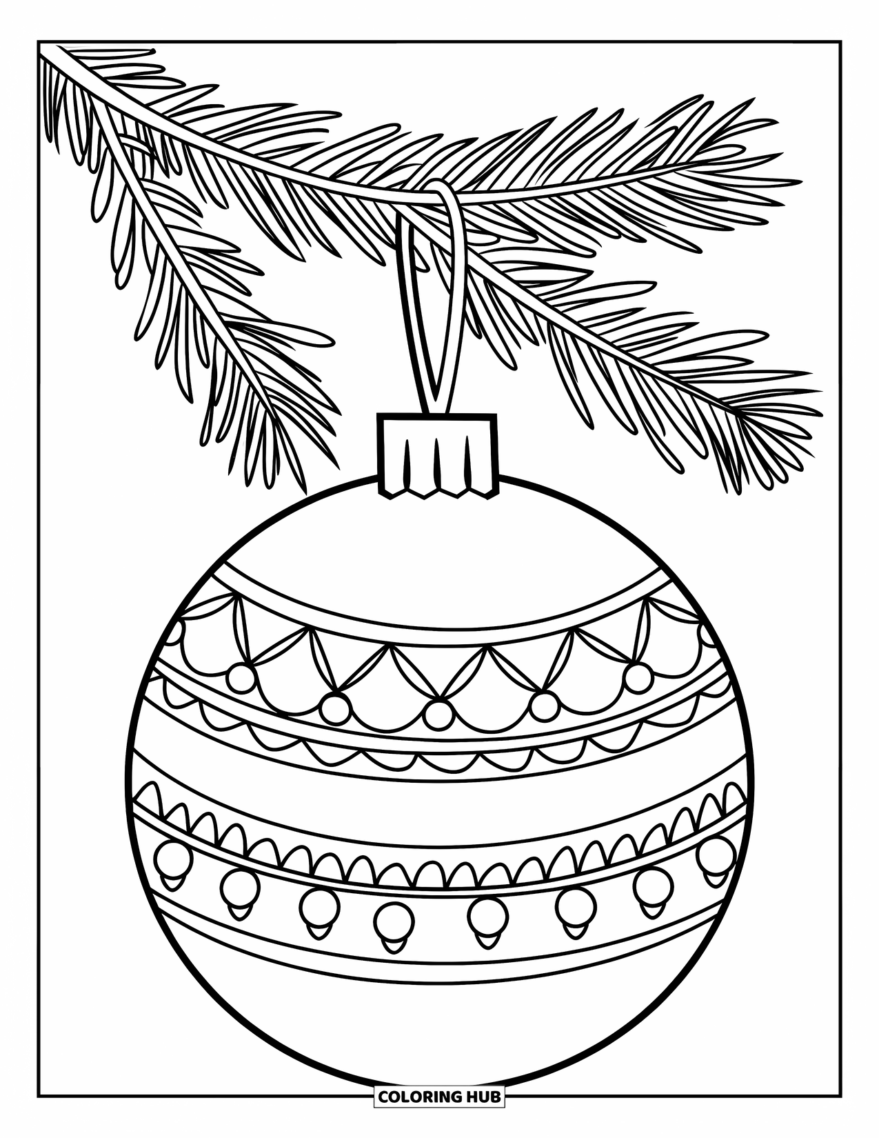 Ornament Coloring Page for Kids: Scalloped ornament with bells hangs from a festive branch
