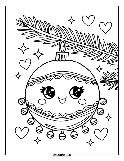 Coloriage de boules de Noël pour enfants : Une boule festonnée avec des cœurs et des étoiles qui se balance sur une branche