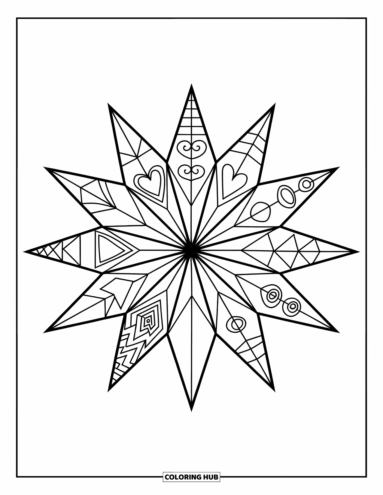 Ornament Coloring Page for Kids: Sharp-armed star ornament with fun patterns sits on a clean page