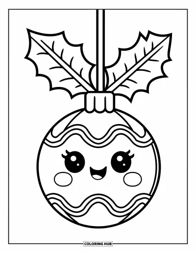 Coloriage de boules de Noël pour enfants : Une cloche simple avec des feuilles de houx suspendue joyeusement à une branche