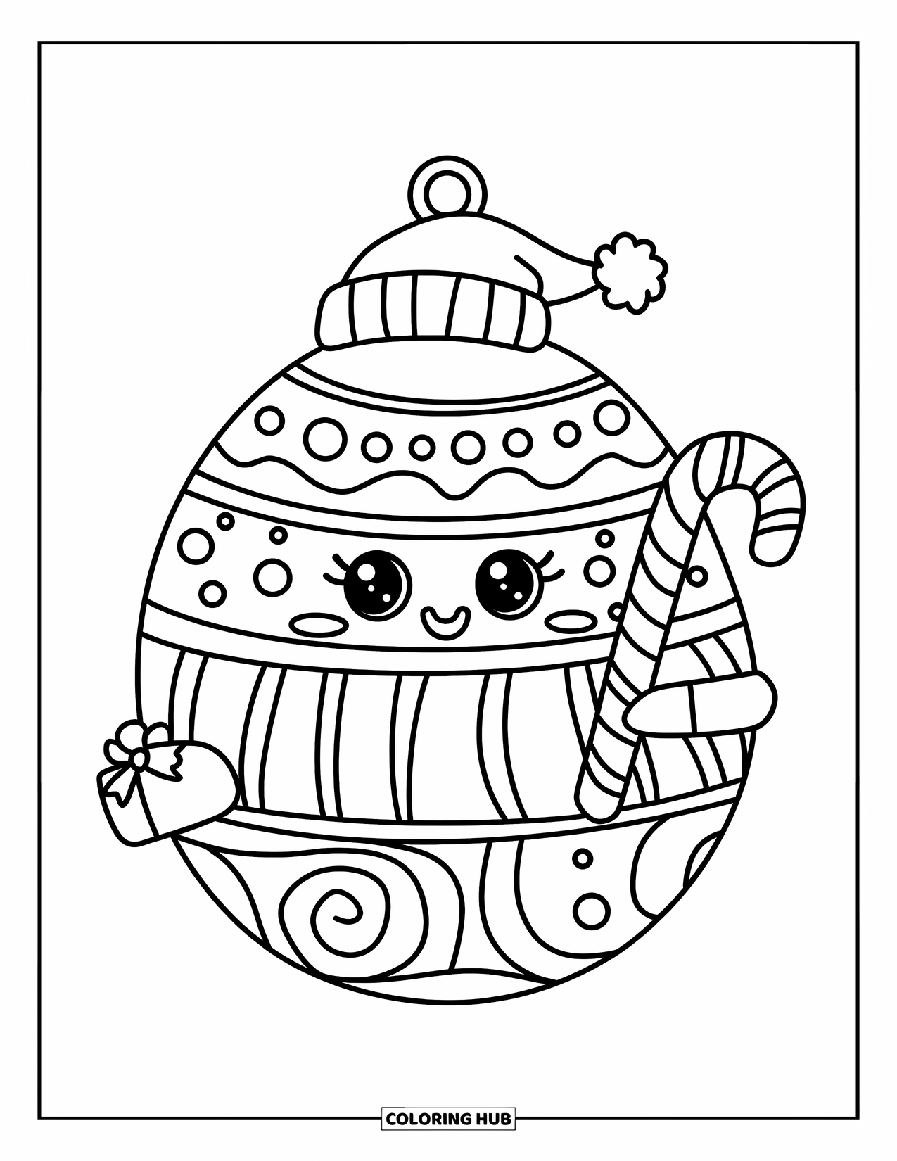 Ornament Coloring Page for Kids: Smiling ornament stack wears a Santa hat and holds treats