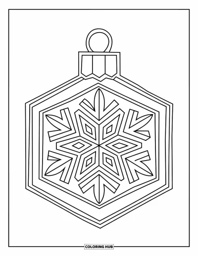 Coloriage de boules de Noël pour enfants : Une boule hexagonale bordée de flocons de neige sur fond blanc