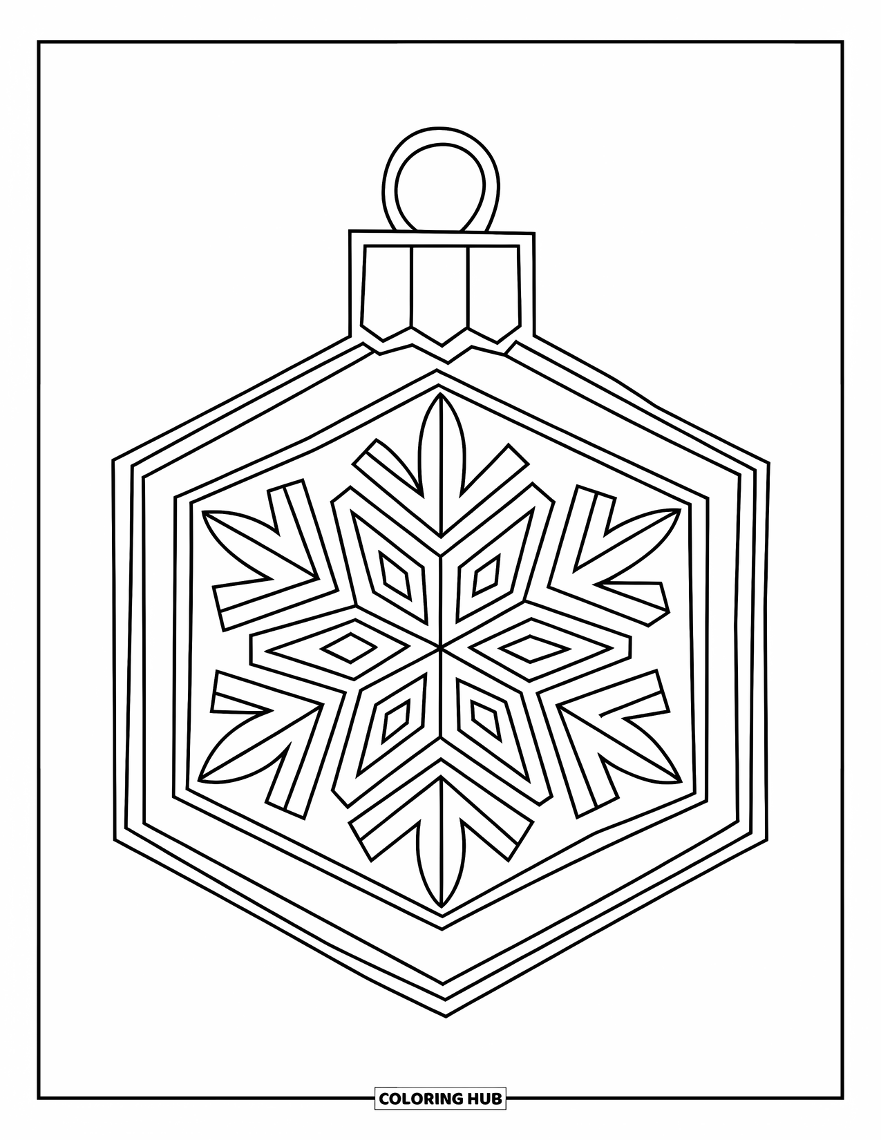 Ornament Coloring Page for Kids: Snowflake-lined hexagon ornament rests against a white background