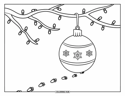 Coloriage de boules de Noël pour enfants : Une boule en flocon de neige suspendue près d'empreintes et de lumières scintillantes