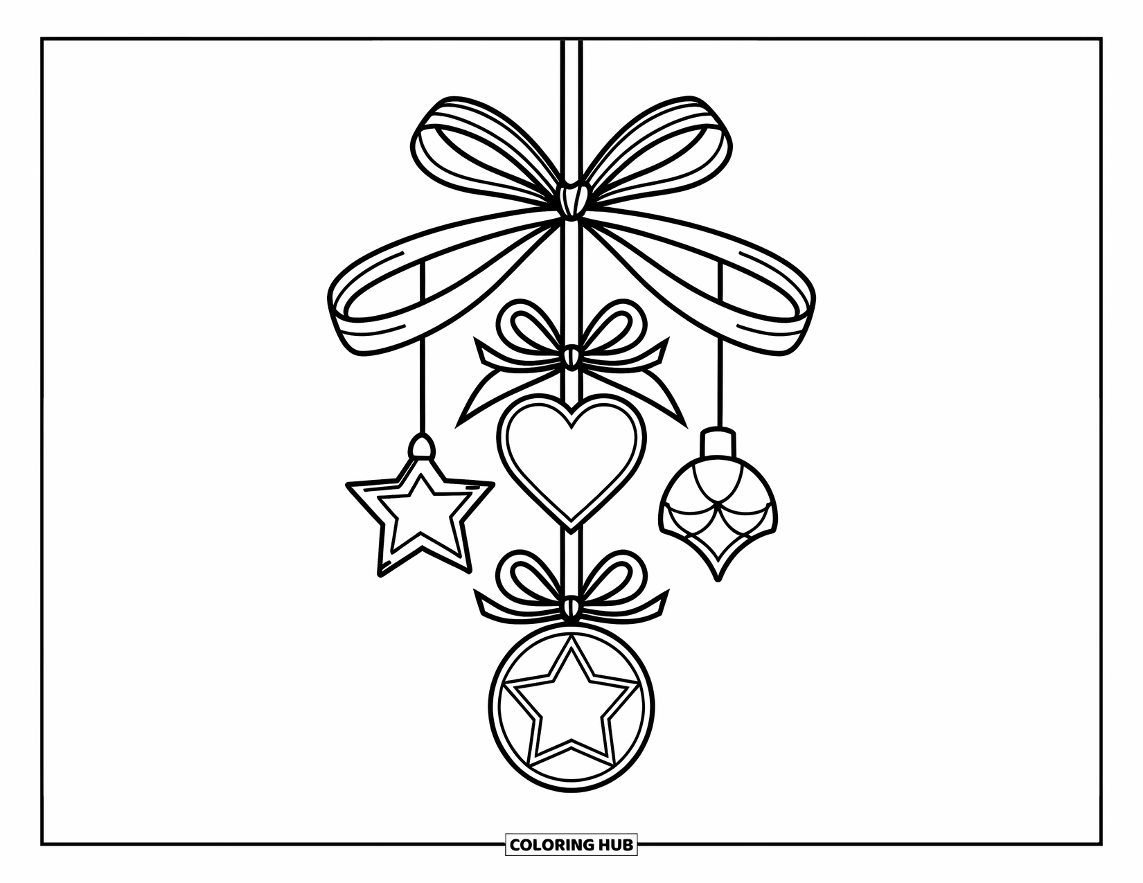 Ornament Coloring Page for Kids: Star, heart, and circle ornaments hang in a row from a ribbon bow