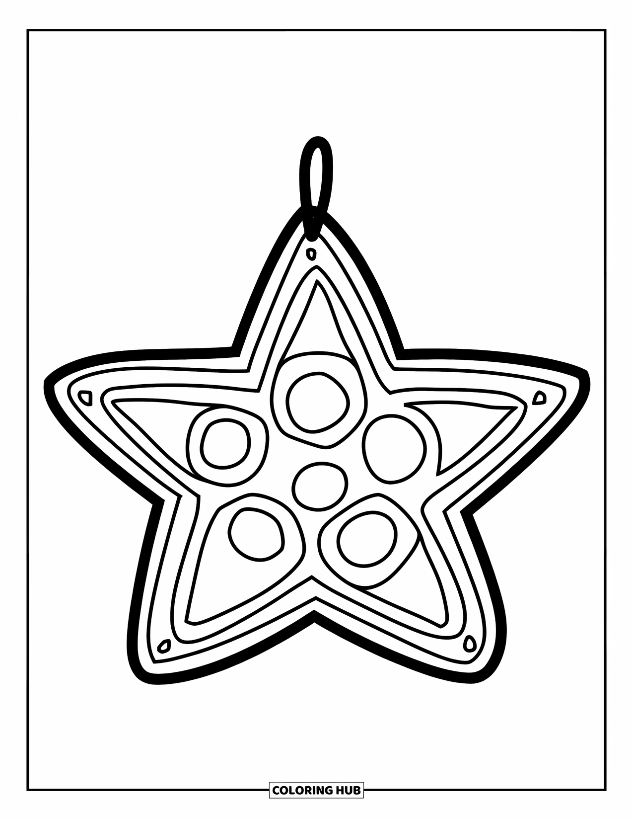 Ornament Coloring Page for Kids: Star ornament with bold dots hangs brightly from a cozy branch