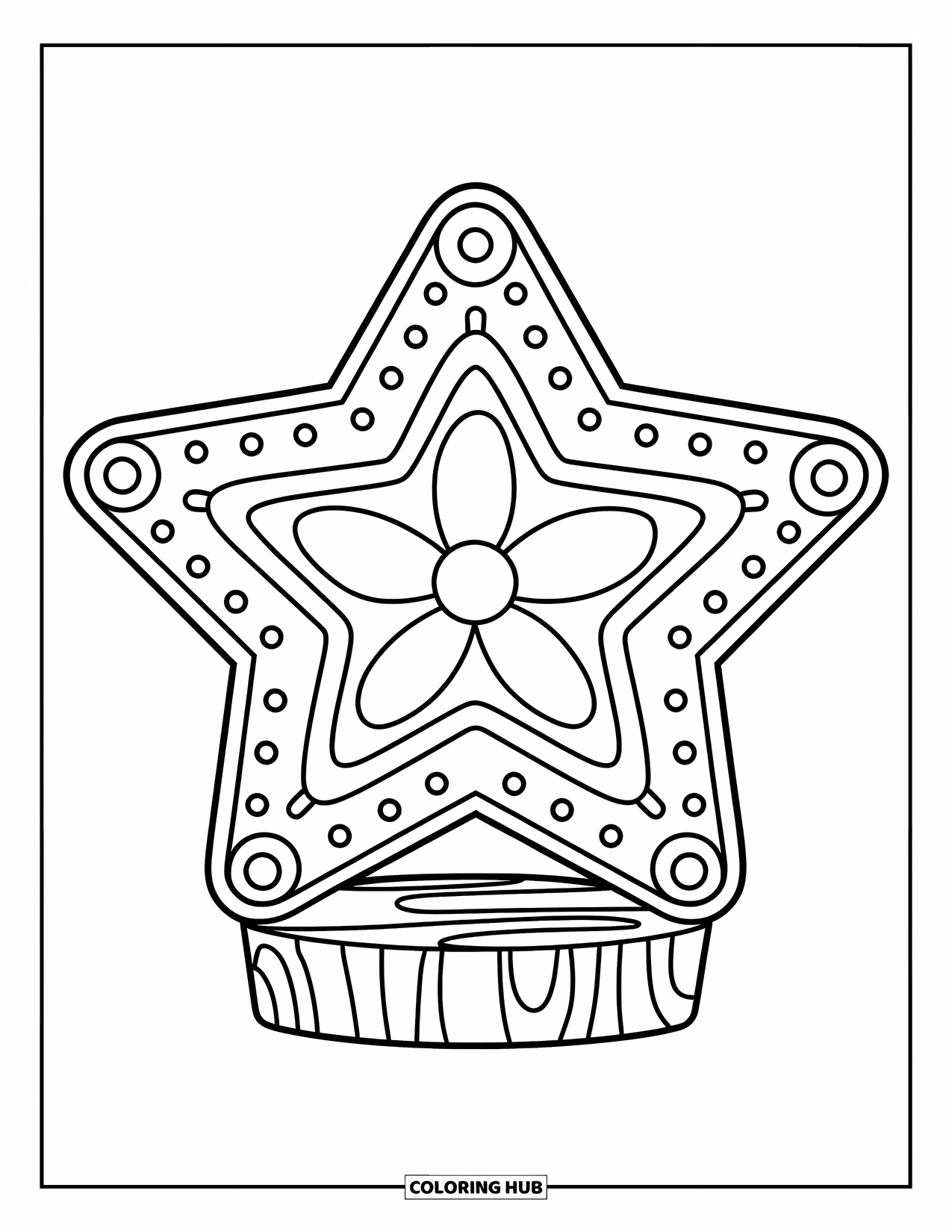 Ornament Coloring Page for Kids: Star ornament with flower center stands on a wooden base