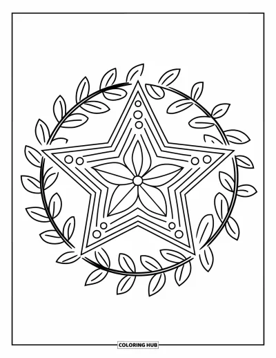 Coloriage de boules de Noël pour enfants : Une étoile ornementale avec un cercle de feuilles et un cœur floral repose sur une page épurée