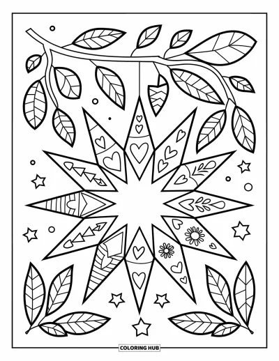 Coloriage de boules de Noël pour enfants : Une étoile avec des cœurs et des fleurs sur une branche feuillue