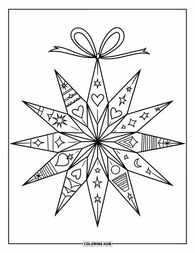 Coloriage de boules de Noël pour enfants : Une étoile filante avec des cœurs et des lunes pendue à un ruban rouge