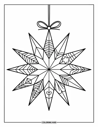 Coloriage de boules de Noël pour enfants : Une étoile ornementale à motifs suspendue à une branche