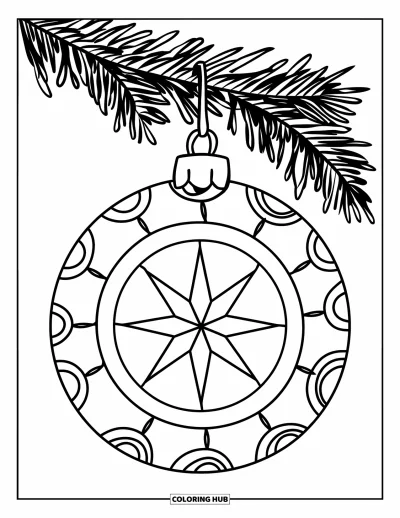 Coloriage de boules de Noël pour enfants : Une étoile festonnée se balance au bout d'une branche