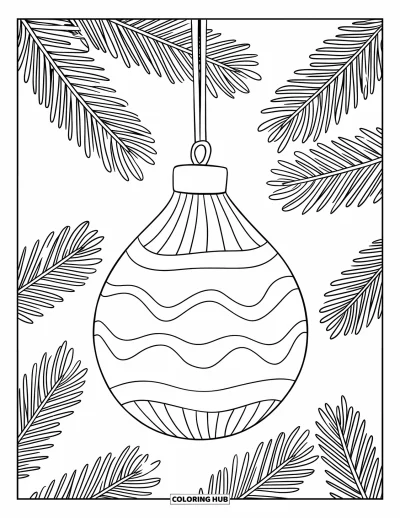 Coloriage de boules de Noël pour enfants : Une boule rayée en larme avec de grandes boucles suspendue à une branche