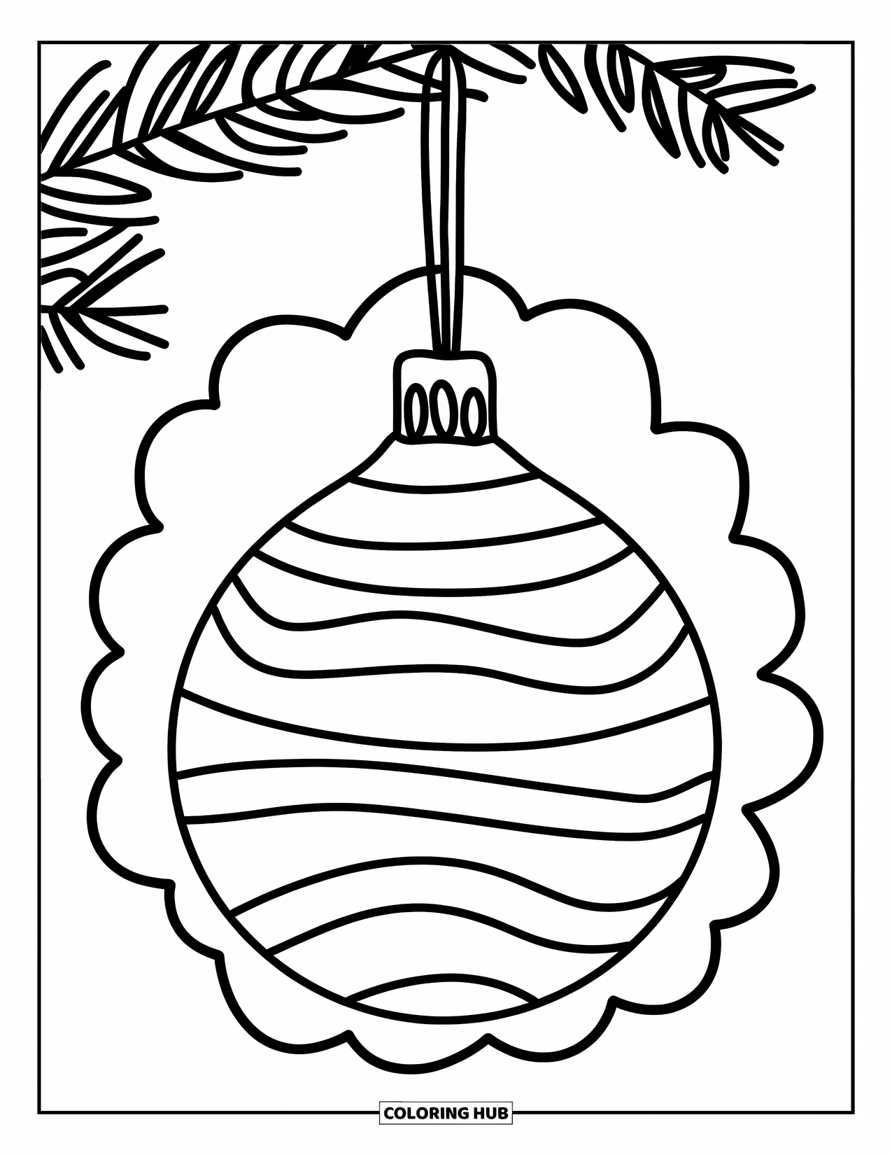 Ornament Coloring Page for Kids: Striped teardrop ornament with wavy bands floats by a white cloud