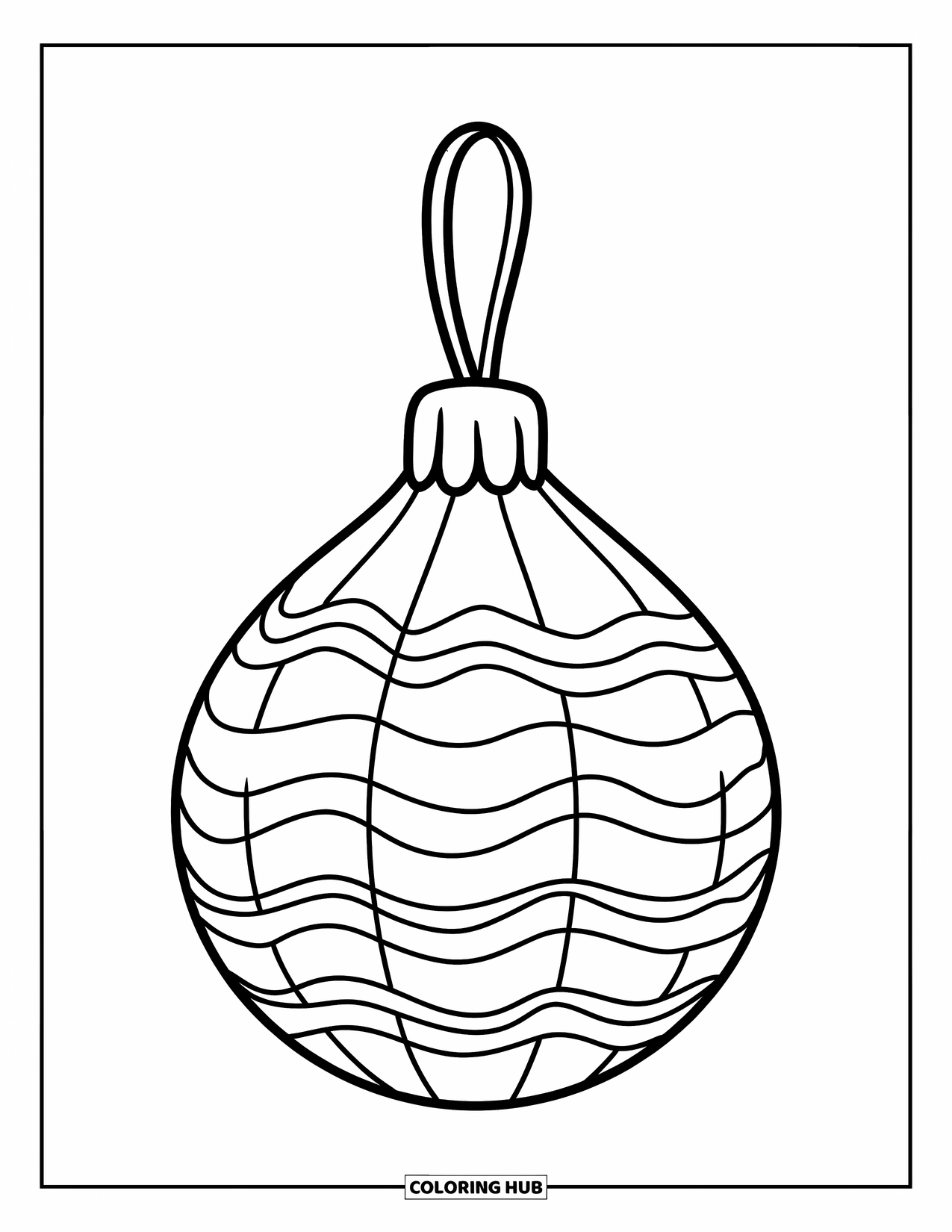 Ornament Coloring Page for Kids: Teardrop ornament with waves and a red string stands out