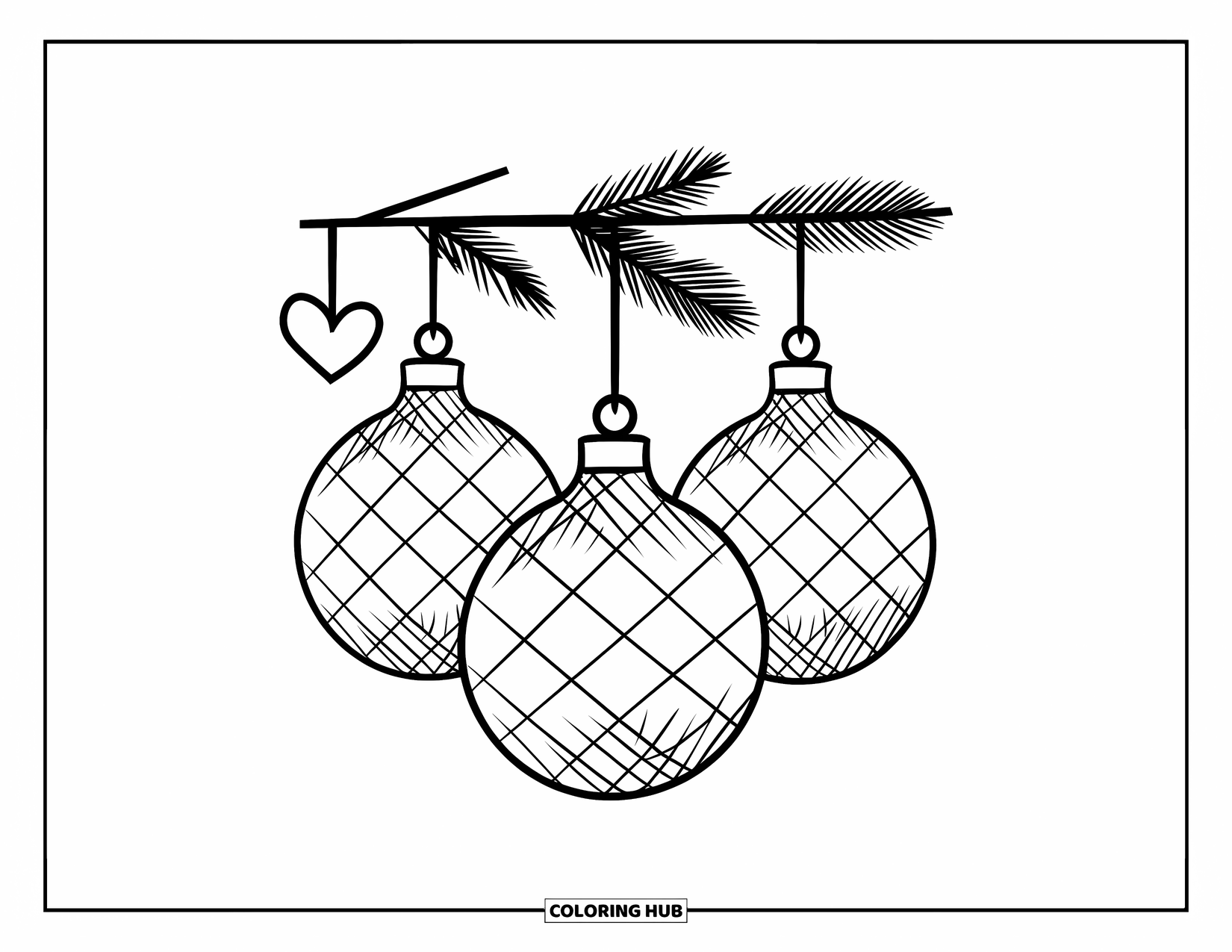 Ornament Coloring Page for Kids: Teardrop ornaments with grid lines and a heart hang in a cozy scene