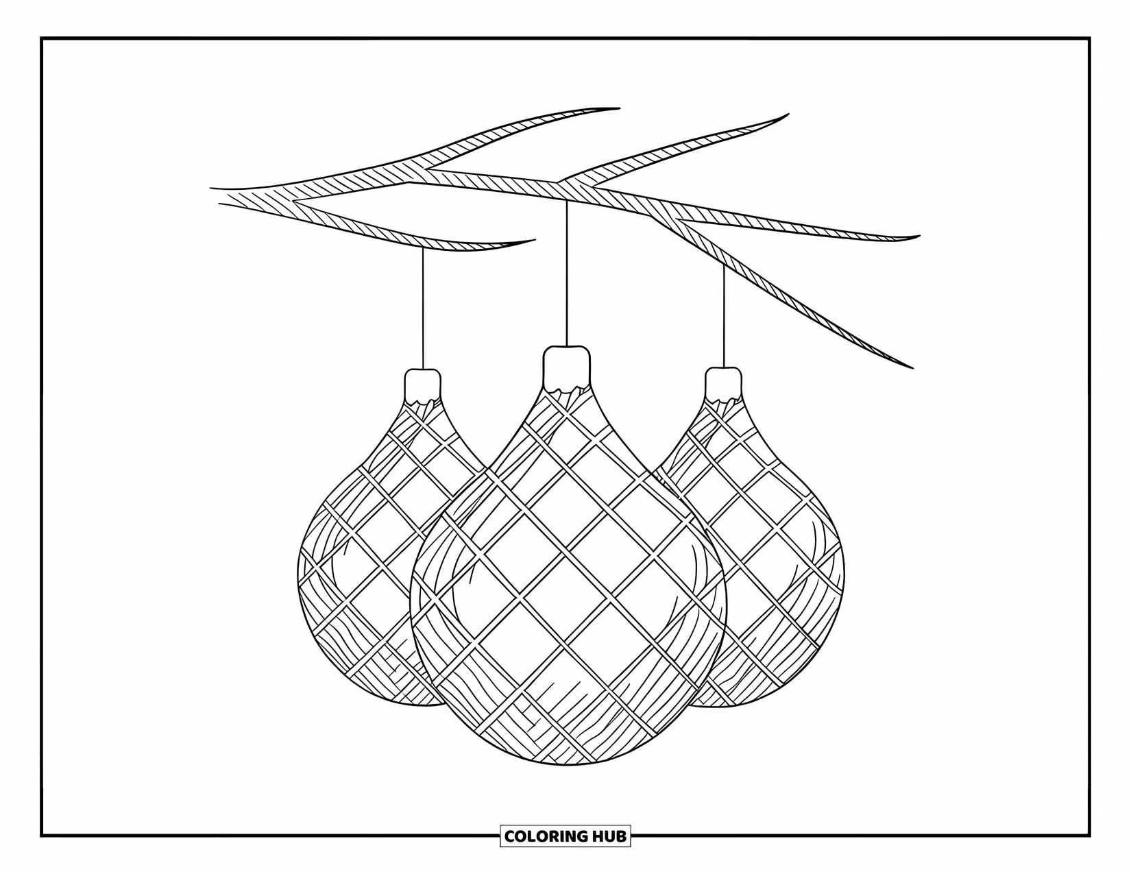 Ornament Coloring Page for Kids: Three teardrop ornaments with diamond patterns hang from a branch