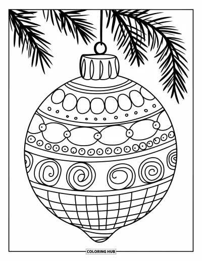 Coloriage de boules de Noël pour enfants : Une boule à trois niveaux avec des points, des volutes et des quadrillages suspendue à une branche