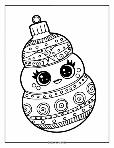 Coloriage de boules de Noël pour enfants : Une boule étagée avec un visage rigolo et des motifs audacieux sur fond épuré
