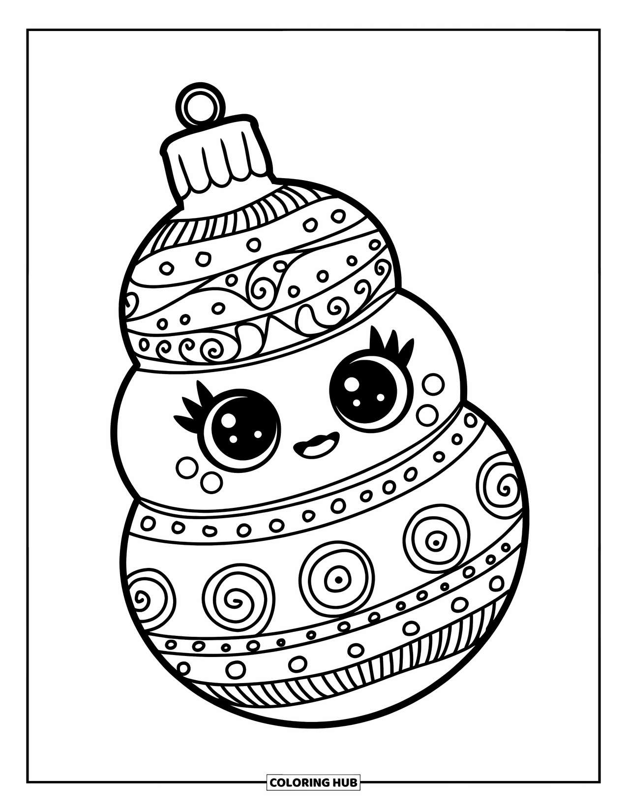 Ornament Coloring Page for Kids: Tiered ornament with a cute face and bold patterns on clean background