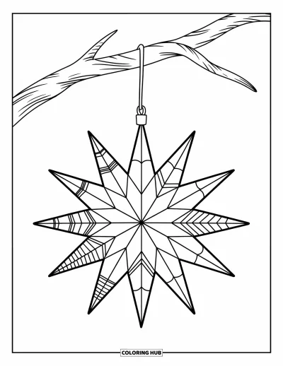 Coloriage de boules de Noël pour enfants : Une étoile à douze branches avec des volutes qui se balance sur une branche torsadée
