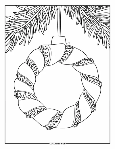 Coloriage de boules de Noël pour enfants : Une boule en ruban torsadé avec des boucles se balance sur une branche dans un cadre serein