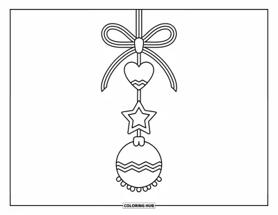 Coloriage de boules de Noël pour enfants : Un trio vertical de cœur, d'étoile et de boule ronde sur un fil en ruban
