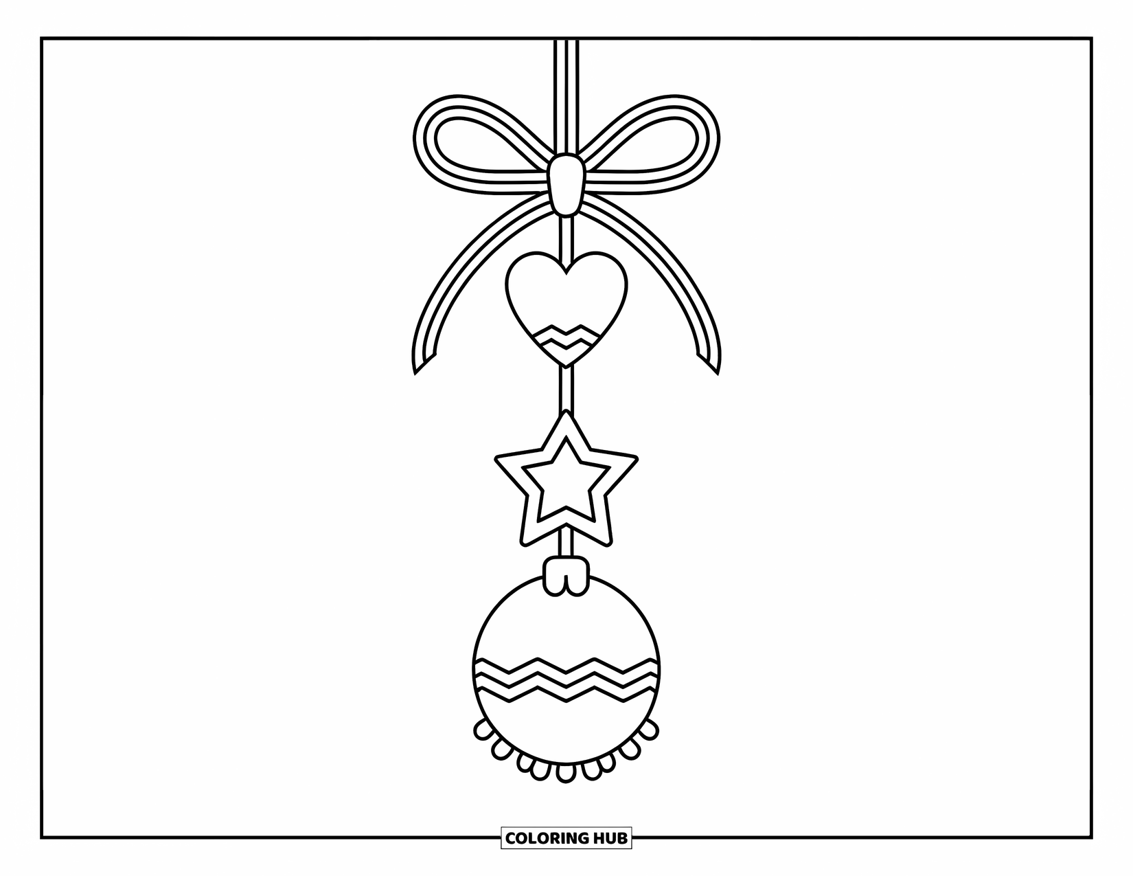 Ornament Coloring Page for Kids: Vertical trio of heart, star, and circle ornaments on a ribbon string