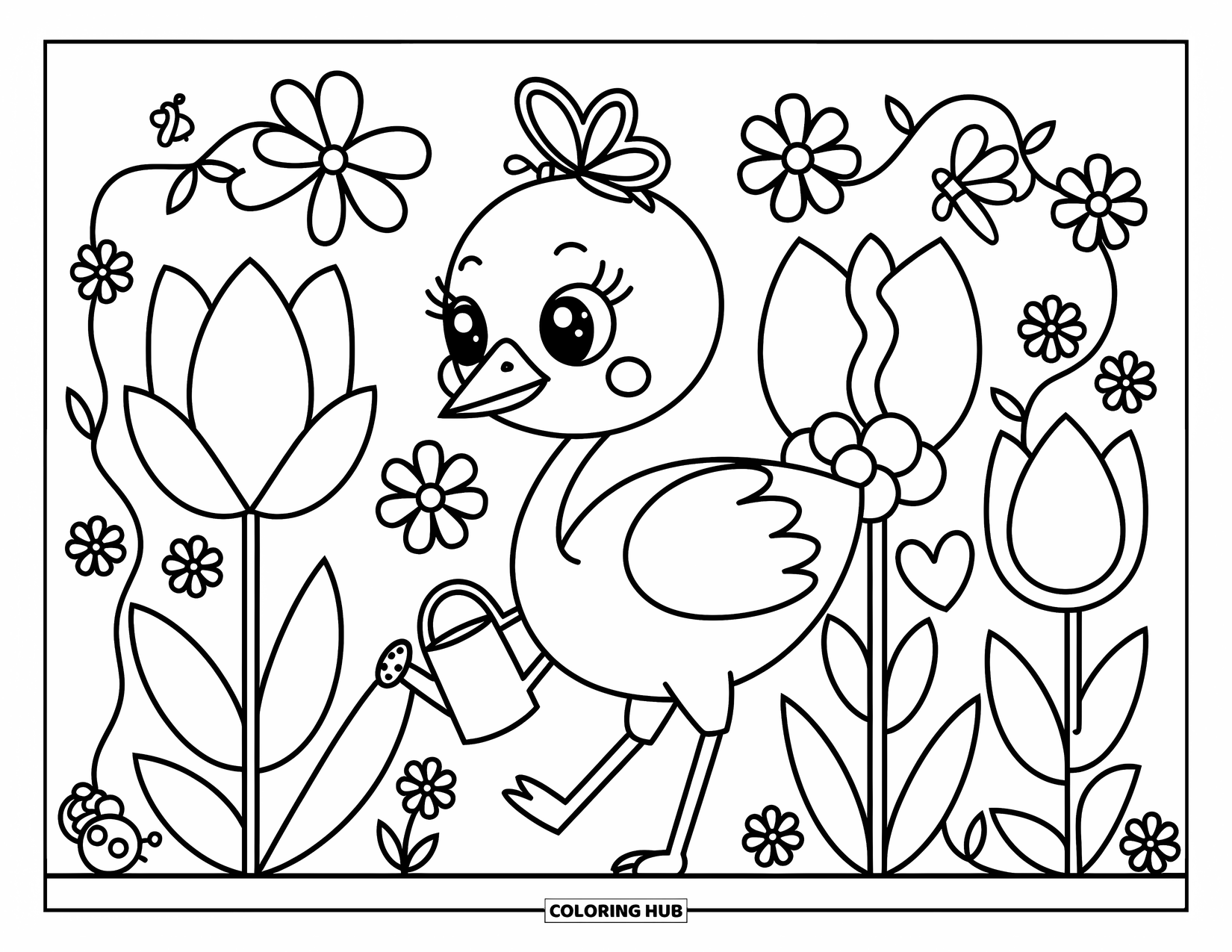 Ostrich Coloring Page for Adults: A curious ostrich tiptoes through giant tulips and vines with ladybugs all around