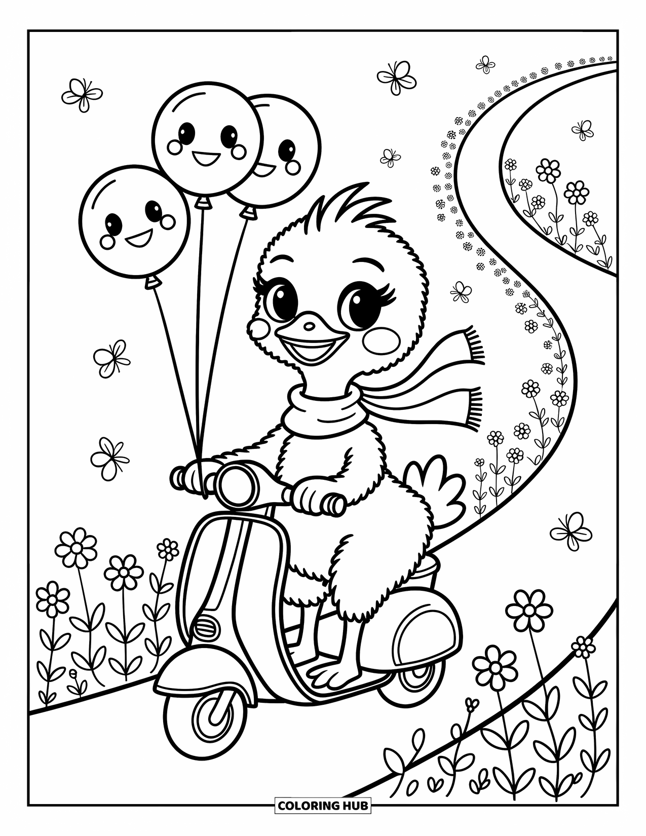 Ostrich Coloring Page for Adults: A happy ostrich rides a tiny scooter with balloons and a scarf fluttering in the wind