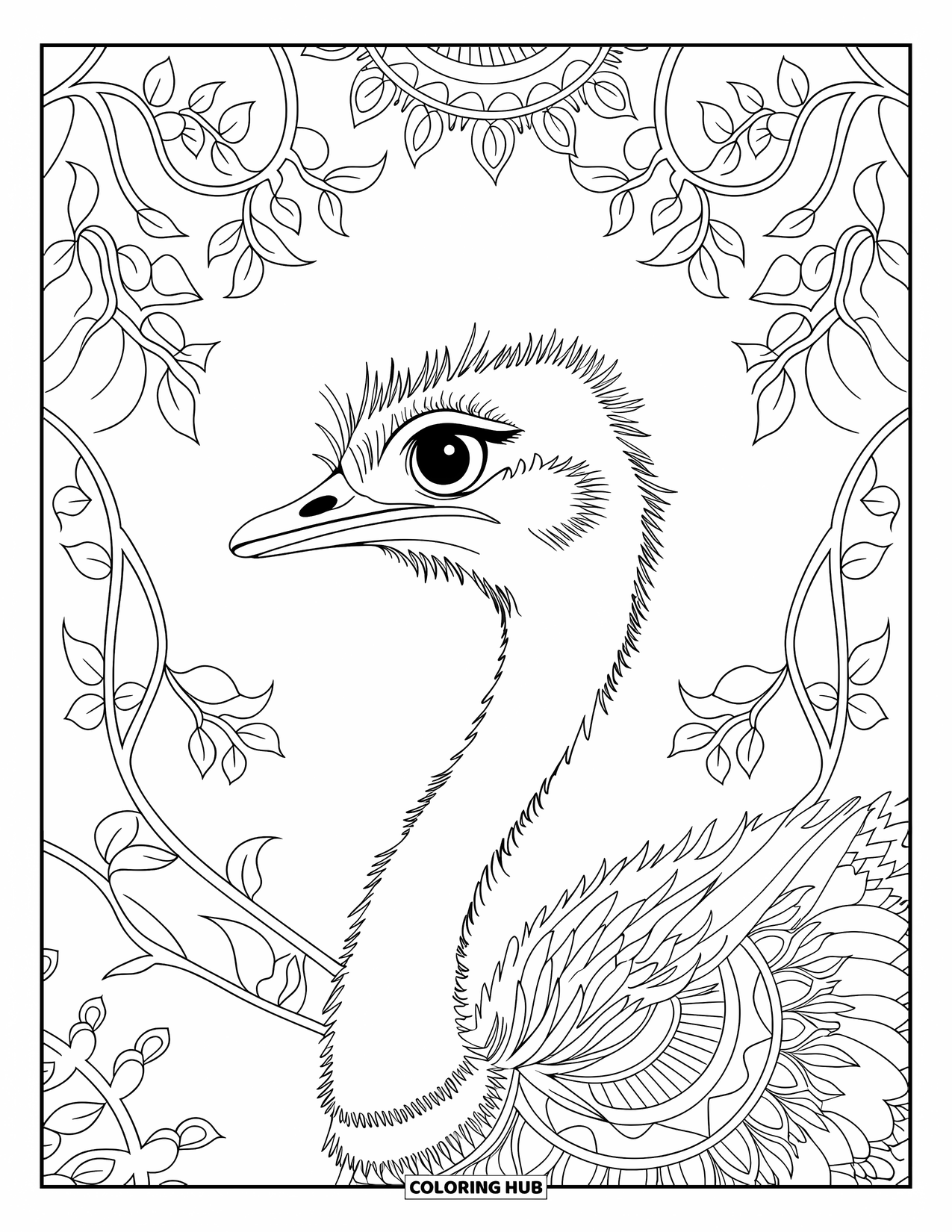 Ostrich Coloring Page for Adults: A profile view of an ostrich surrounded by vines, leaves, and blooming mandala shapes