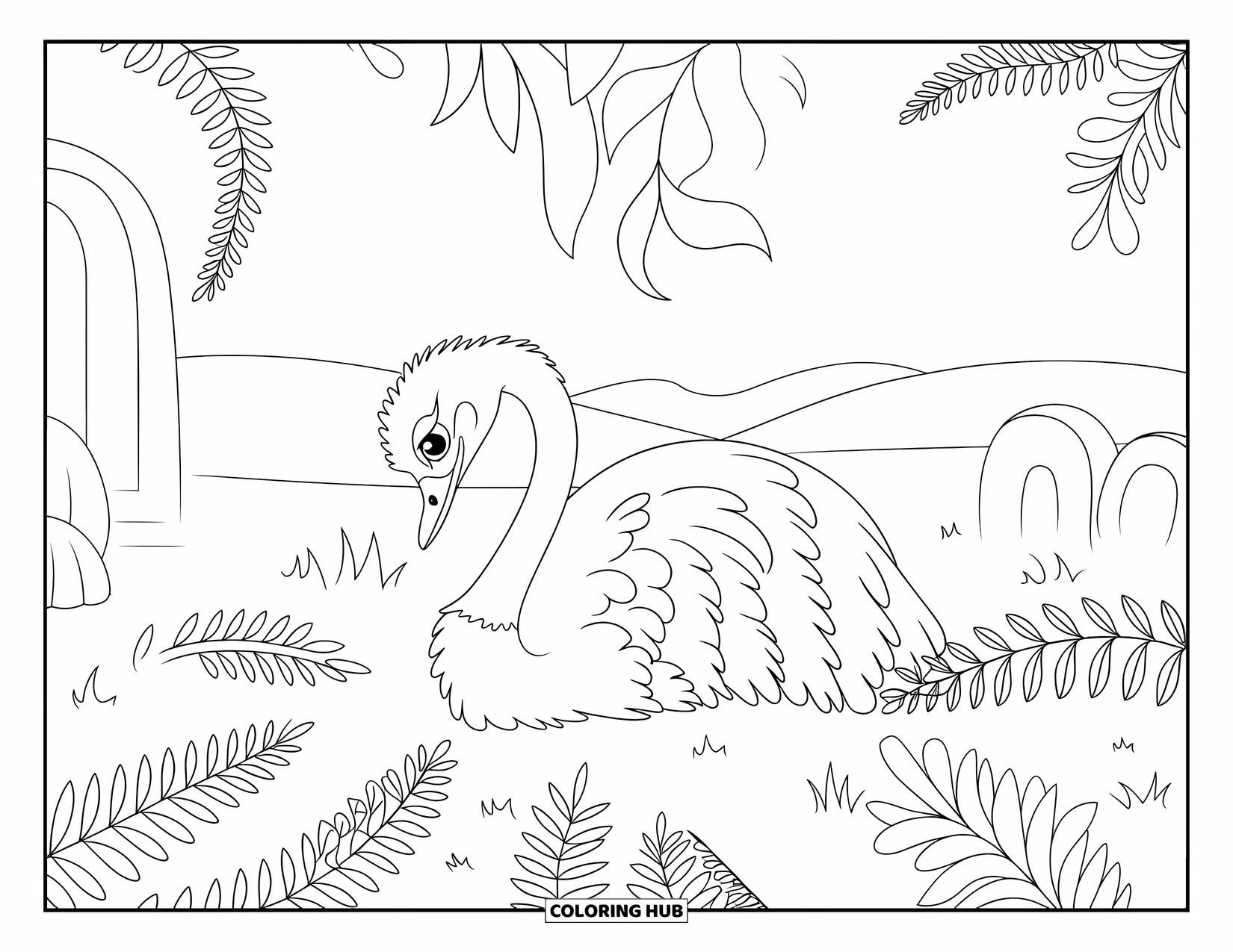 Ostrich Coloring Page for Adults: A resting ostrich stands on grassy ground with fern shapes and soft, swirling vines