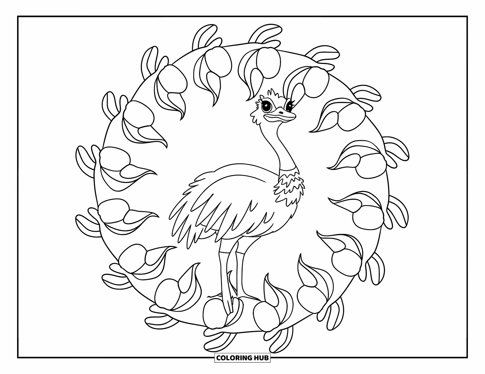 Ostrich Coloring Page for Adults: A standing ostrich is framed by a spiral of flowers and leaves in a round layout