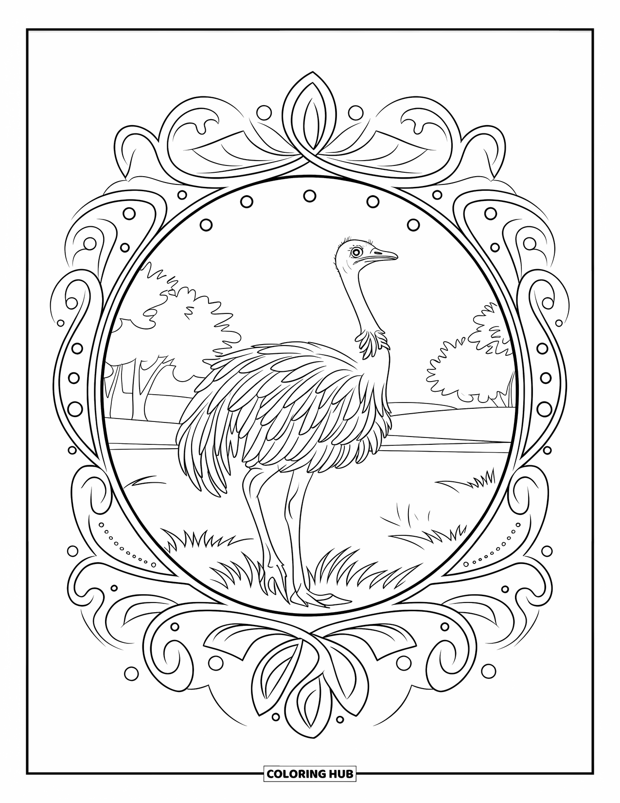 Ostrich Coloring Page for Adults: An elegant ostrich stands in a grassy field surrounded by curling leaves and tiny dots